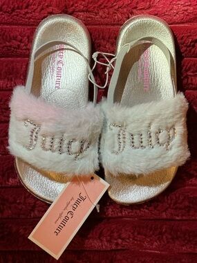 Juicy Couture Royal Palm Pink Faux Fur Crystal Logo Slide Sandals